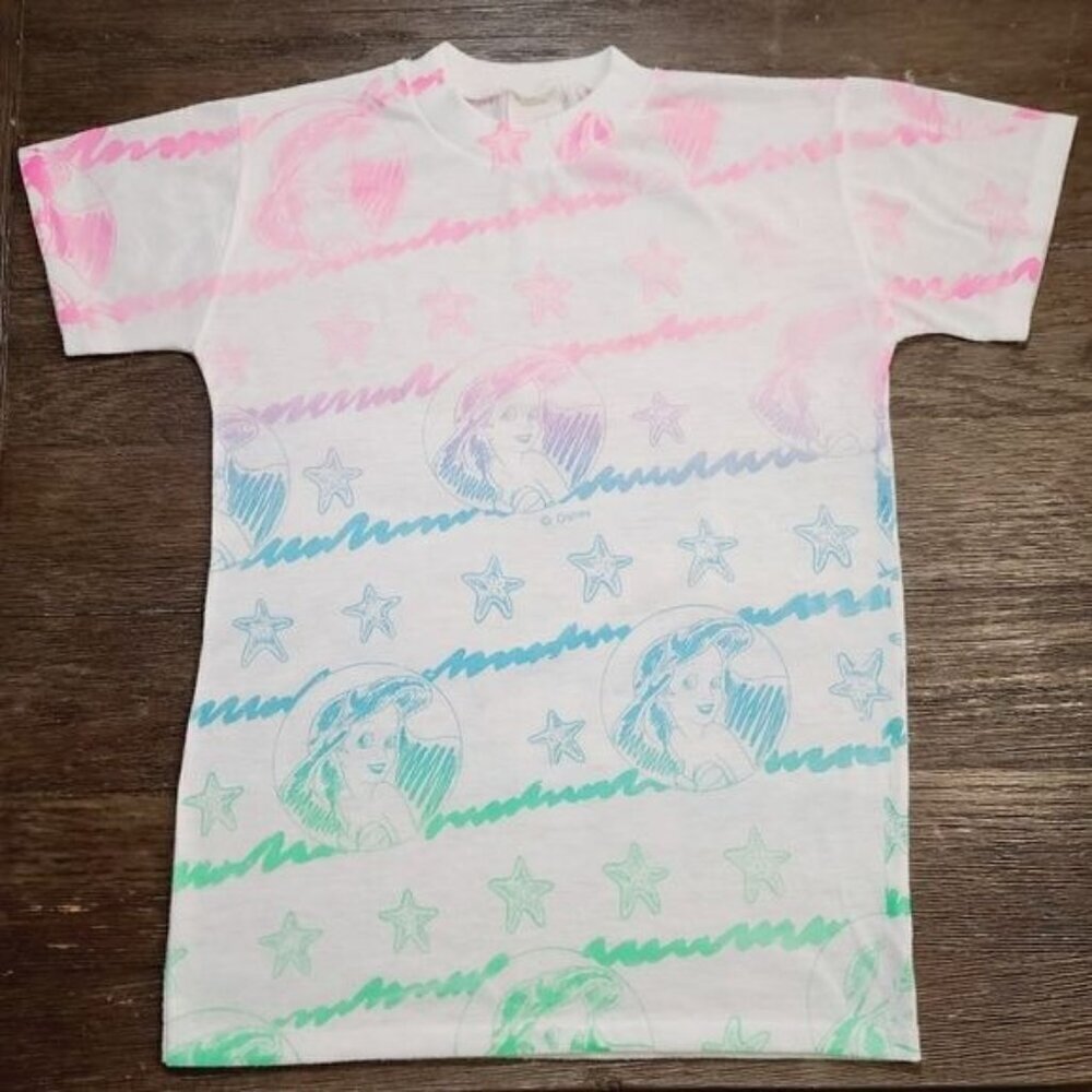 Rare HTF Vintage 90s Disney Little Mermaid Neon Graphic T-shirt Girls size 4